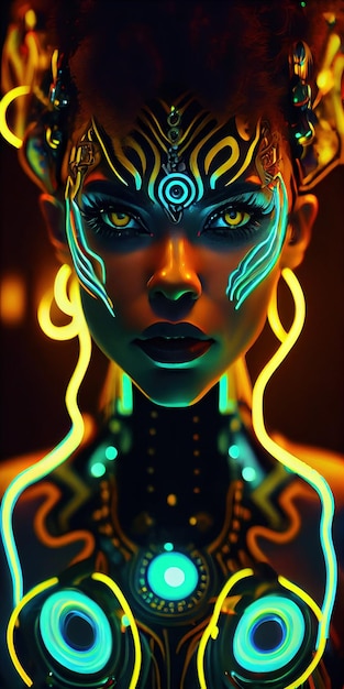 Portret van een mystieke fantasie bioluminescent neon vrouw Betoverende modieuze dame