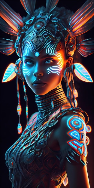 Portret van een mystieke fantasie bioluminescent neon vrouw Betoverende modieuze dame