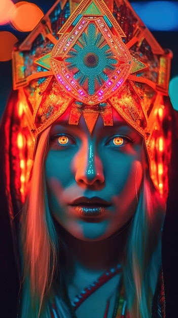 Portret van een mystieke fantasie bioluminescente neondame Betoverend modieus meisje