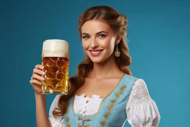 Portret van een oktoberfest serveerster met een glas bier in een traditioneel kostuum
