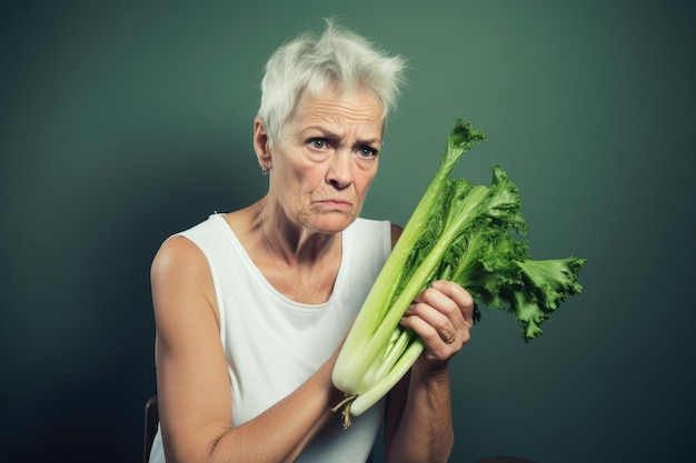 Portret van een ongelukkige vrouw die bleekselderij eet, gemaakt met generatieve ai