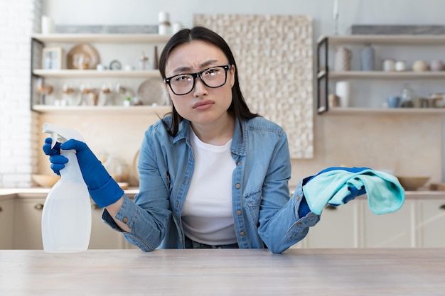 Portret van een ontevreden jonge aziatische vrouw die in een bril naar een camera kijkt met wasmiddel?