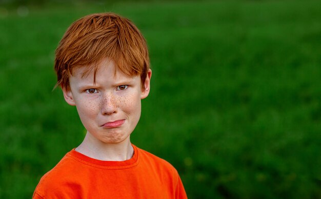 Portret van een ontevreden roodharige jongen tegen een achtergrond van groen gras