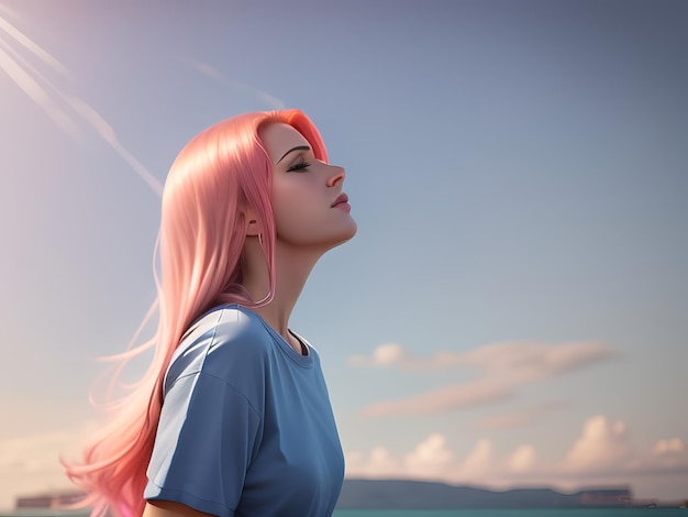 Foto portret van een ontspannen jonge vrouw met lang roze haar en een blauwe t-shirt die frisse lucht inademt aan de kust