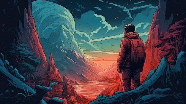 Portret van een onverschrokken ontdekkingsreiziger die een verraderlijke berg trotseert Fantasieconcept Illustratie schilderij Generatieve AI