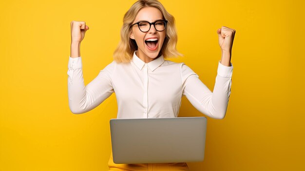 Portret van een opgewonden jong blond meisje met een laptop en het vieren van succes geïsoleerd op een gele achtergrond