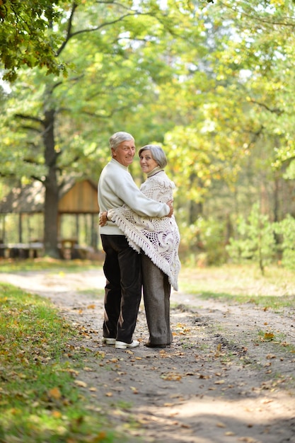 Portret van een oud stel dat in het herfstbos loopt