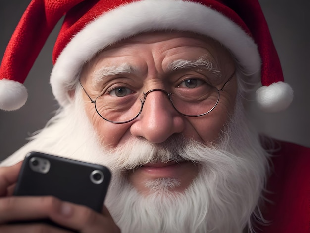 Portret van een oude man in een Santa Claus hoed met een mobiele telefoon gegenereerd met AI