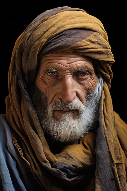 Portret van een oude man in een tulband op een zwarte achtergrond