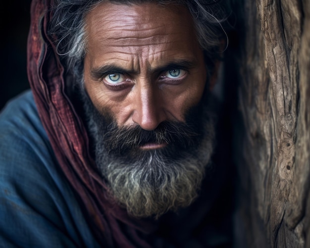 portret van een oude man met blauwe ogen