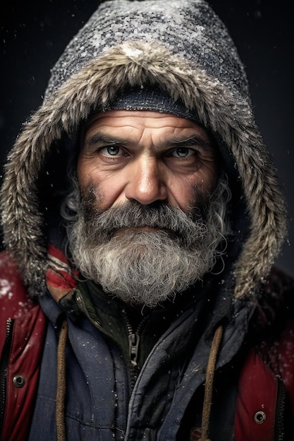 Portret van een oude man met een lange grijze baard en snor in een winterjas op een zwarte achtergrond