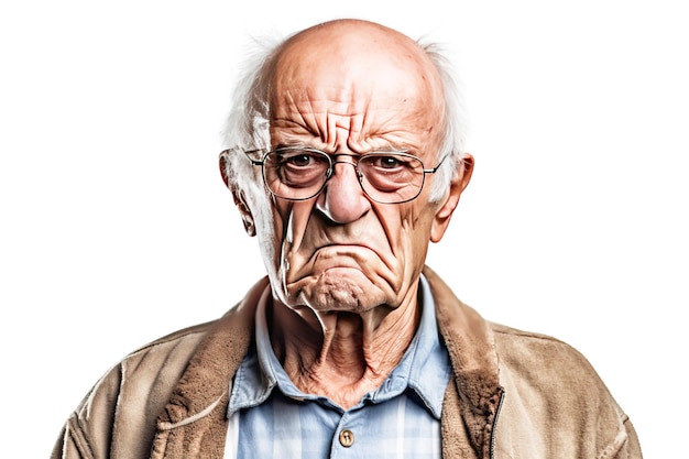 Portret van een oude man met een sombere uitdrukking op zijn gezicht gegenereerd door AI