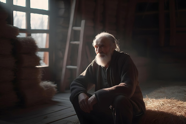 Portret van een oude mannelijke boer met hooi voorraden Neuraal netwerk AI gegenereerd