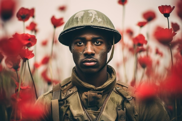 Foto portret van een oude oorlogssoldaat die in een veld van rode papaver staat.