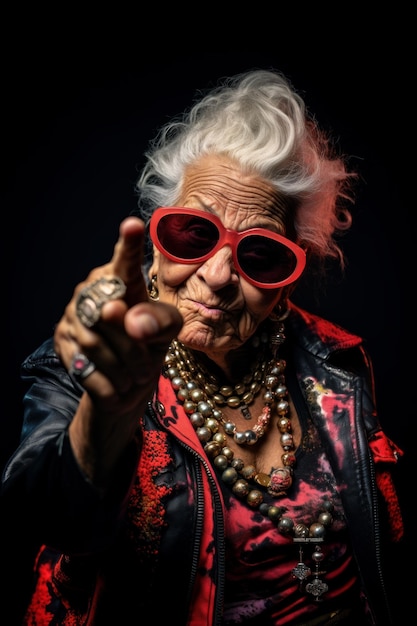 Portret van een oude rocker vrouw in rode zonnebril op een zwarte achtergrond