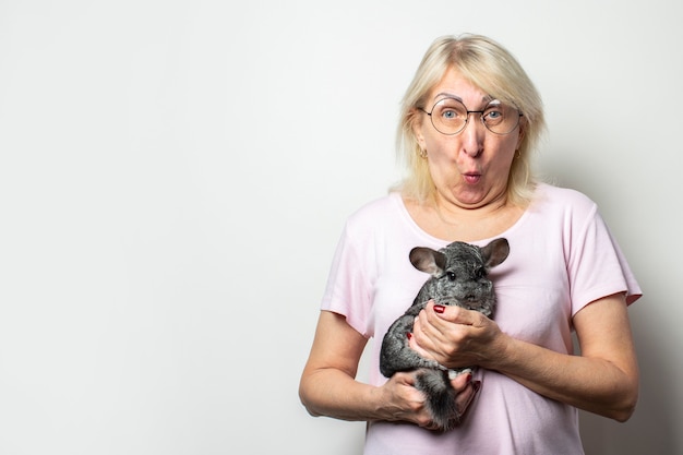 Portret van een oude vriendelijke vrouw in een T-shirt en een bril met een verbaasd gezicht houdt in haar handen een chinchilla in geïsoleerde lichte muur. Emotioneel gezicht. Huisdier concept