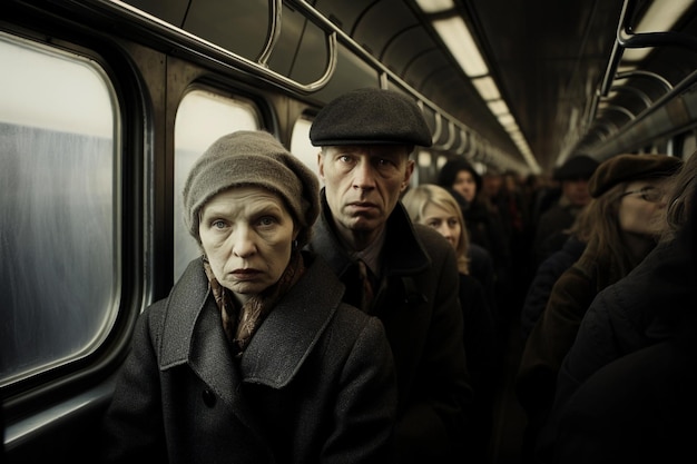 Portret van een ouder echtpaar in de metro die naar de camera kijkt