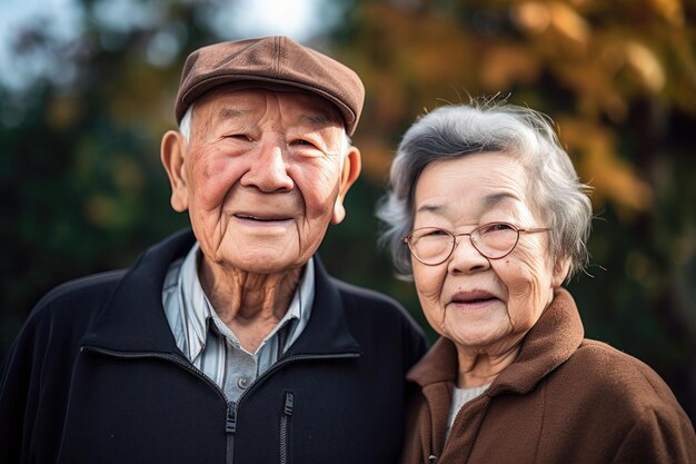 Portret van een ouder stel dat een wandeling maakt in hun buurt, gemaakt met generatieve AI