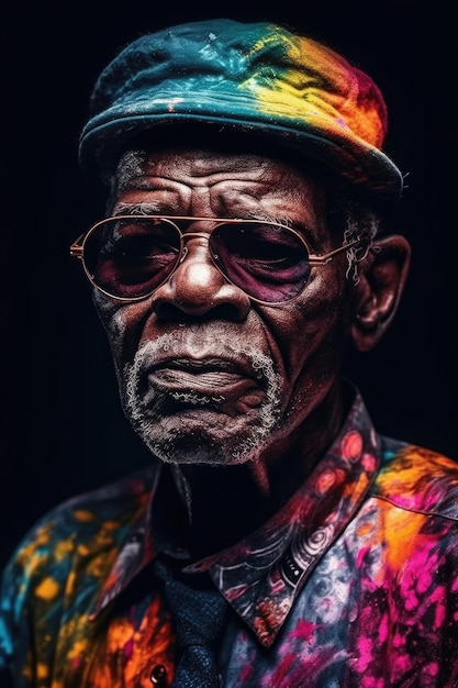 Portret van een oudere Afrikaanse man met een bril en hoed met een emotioneel gezicht generatief ai