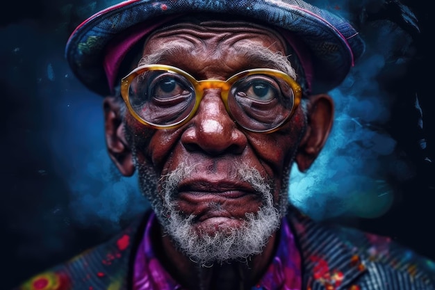 portret van een oudere Afrikaanse man met een bril en hoed met een emotioneel gezicht generatieve AI