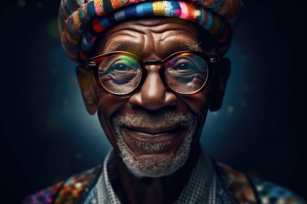 Portret van een oudere Afrikaanse man met een bril en hoed met een vriendelijke gezichtsuitdrukking generatieve ai