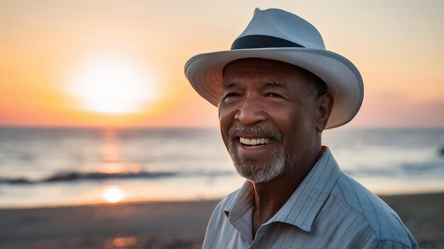 Portret van een oudere Braziliaanse zwarte man met een witte hoed die naar een plek in de zonsondergang kijkt en glimlacht