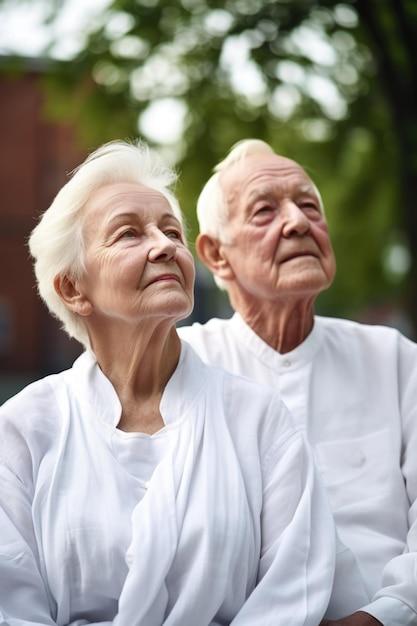 Portret van een oudere echtpaar dat samen buiten mediteert