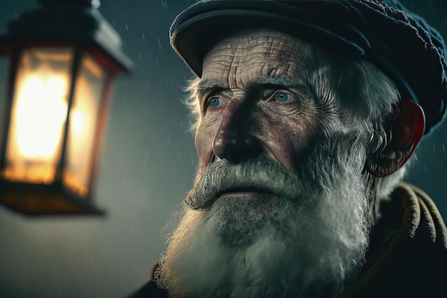 Portret van een oudere, eenzame trieste man met baard op straat in de regen Generatieve AI