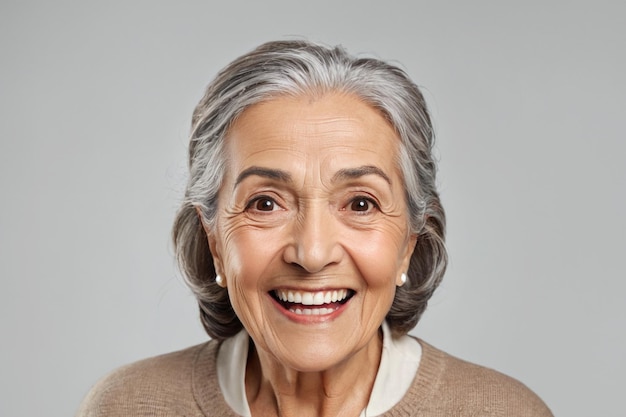 Portret van een oudere glimlachende vrouw die naar de camera kijkt en lacht