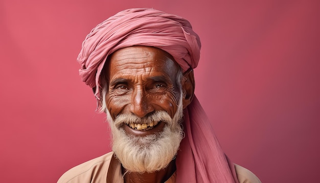 Portret van een oudere Indiase man met een roze tulband