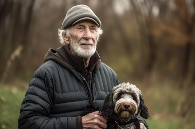 Portret van een oudere man die aan het hardlopen is met zijn hond, gemaakt met generatieve AI