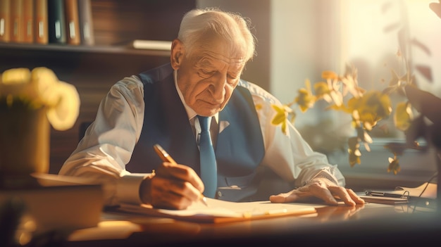 Portret van een oudere man die een testament schrijft in een zakelijk kantoor Estate Planning Closeup inhoud