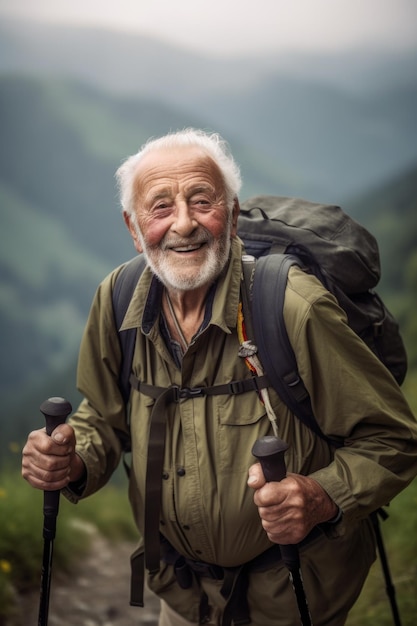 Portret van een oudere man die een wandeling maakt in de bergen gemaakt met generatieve AI