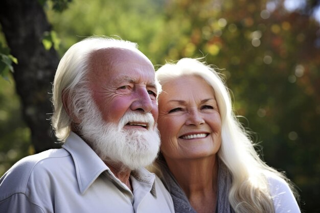 Portret van een oudere man die geniet van het buitenleven met zijn vrouw, gemaakt met generatieve AI