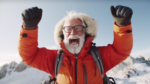 Portret van een oudere man die lacht en viert op de top van een berg