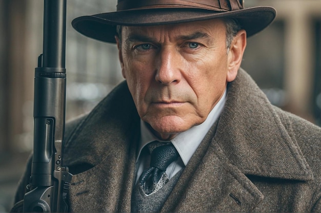 Portret van een oudere man in een hoed en jas met een pistool film noir detective mafia gangster generati