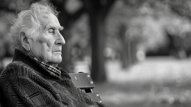 Portret van een oudere man in het park Zwart-wit foto
