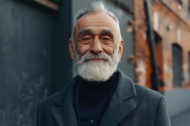 Portret van een oudere man met baard en jas op een stadsstraat