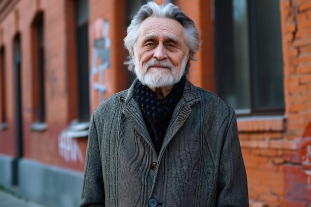 Portret van een oudere man met baard en jas op een stadsstraat