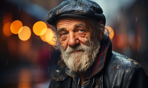 Portret van een oudere man met een pet op straat