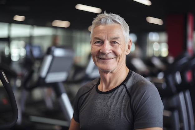 Portret van een oudere man met grijs haar stond in een sportschool generatieve ai