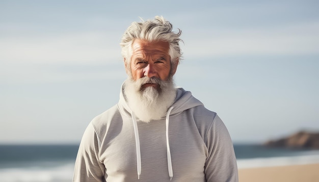 Portret van een oudere, opgeblazen man tegen de achtergrond van het strand