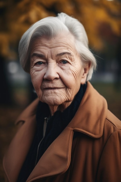 Portret van een oudere vrouw die buiten staat, gemaakt met generatieve ai