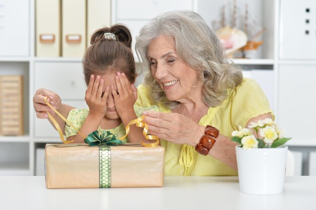 Portret van een oudere vrouw die een cadeautje geeft aan haar kleindochter