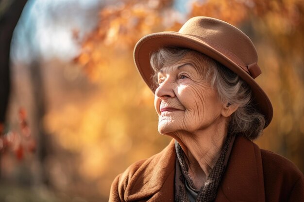 Portret van een oudere vrouw die geniet van het buitenleven gemaakt met generatieve AI