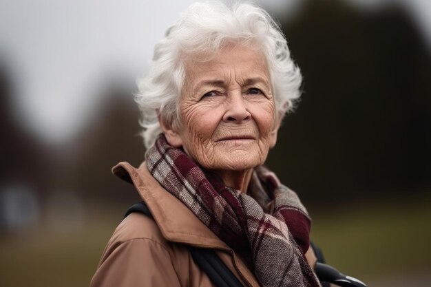 Portret van een oudere vrouw die haar golftas vasthoudt, gemaakt met generatieve AI