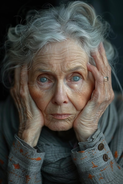 Portret van een oudere vrouw die haar hoofd vasthoudt