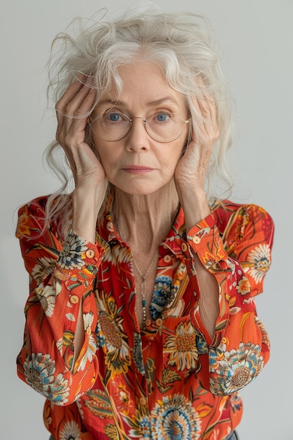 Portret van een oudere vrouw die haar hoofd vasthoudt