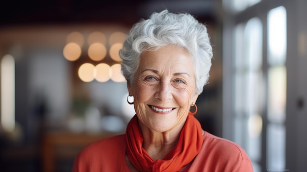 Portret van een oudere vrouw die naar de camera glimlacht