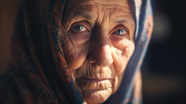 Portret van een oudere vrouw die naar de camera kijkt